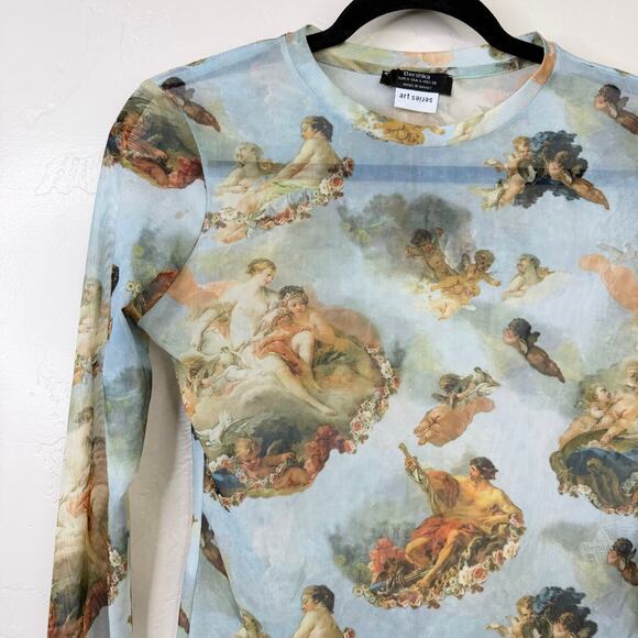 Bershka Art Collection Blue Angelcore Renaissance Sheer Mesh Long Sleeve Top - Picture 2 of 6
